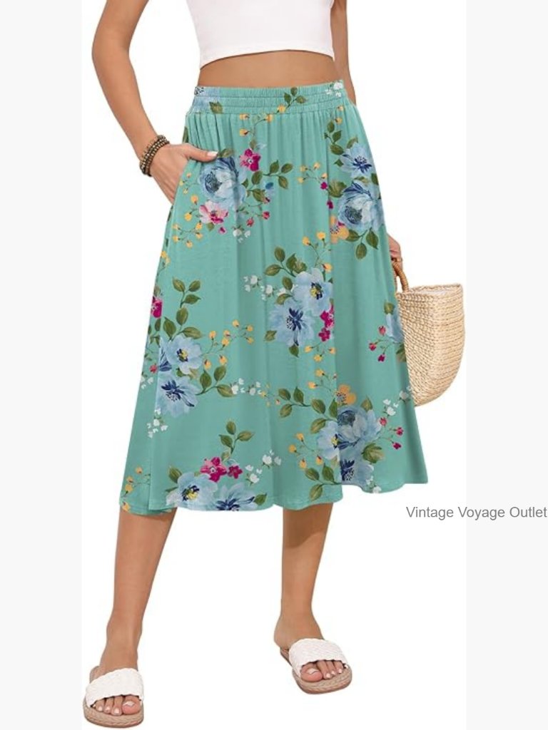 Midi Skirt Summer Flowy Elastic High Waisted Pleated With Pockets